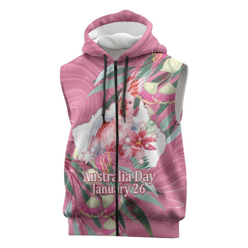 Pink Cockatoo Australia Day Sleeveless Zip Hoodie Proud To Be An Aussie Opal Eucalyptus Blossoms - Aussie Hoodie