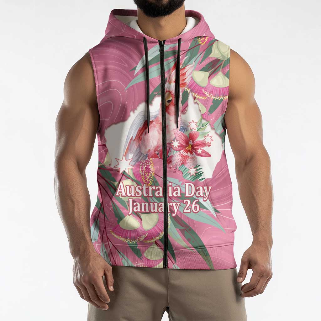 Pink Cockatoo Australia Day Sleeveless Zip Hoodie Proud To Be An Aussie Opal Eucalyptus Blossoms - Aussie Hoodie