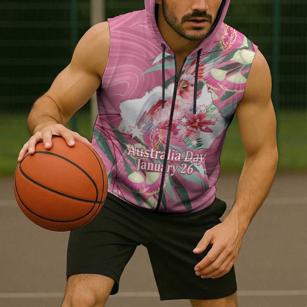 Pink Cockatoo Australia Day Sleeveless Zip Hoodie Proud To Be An Aussie Opal Eucalyptus Blossoms - Aussie Hoodie