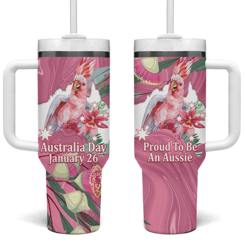 Pink Cockatoo Australia Day Tumbler With Handle Proud To Be An Aussie Opal Eucalyptus Blossoms - Aussie Hoodie