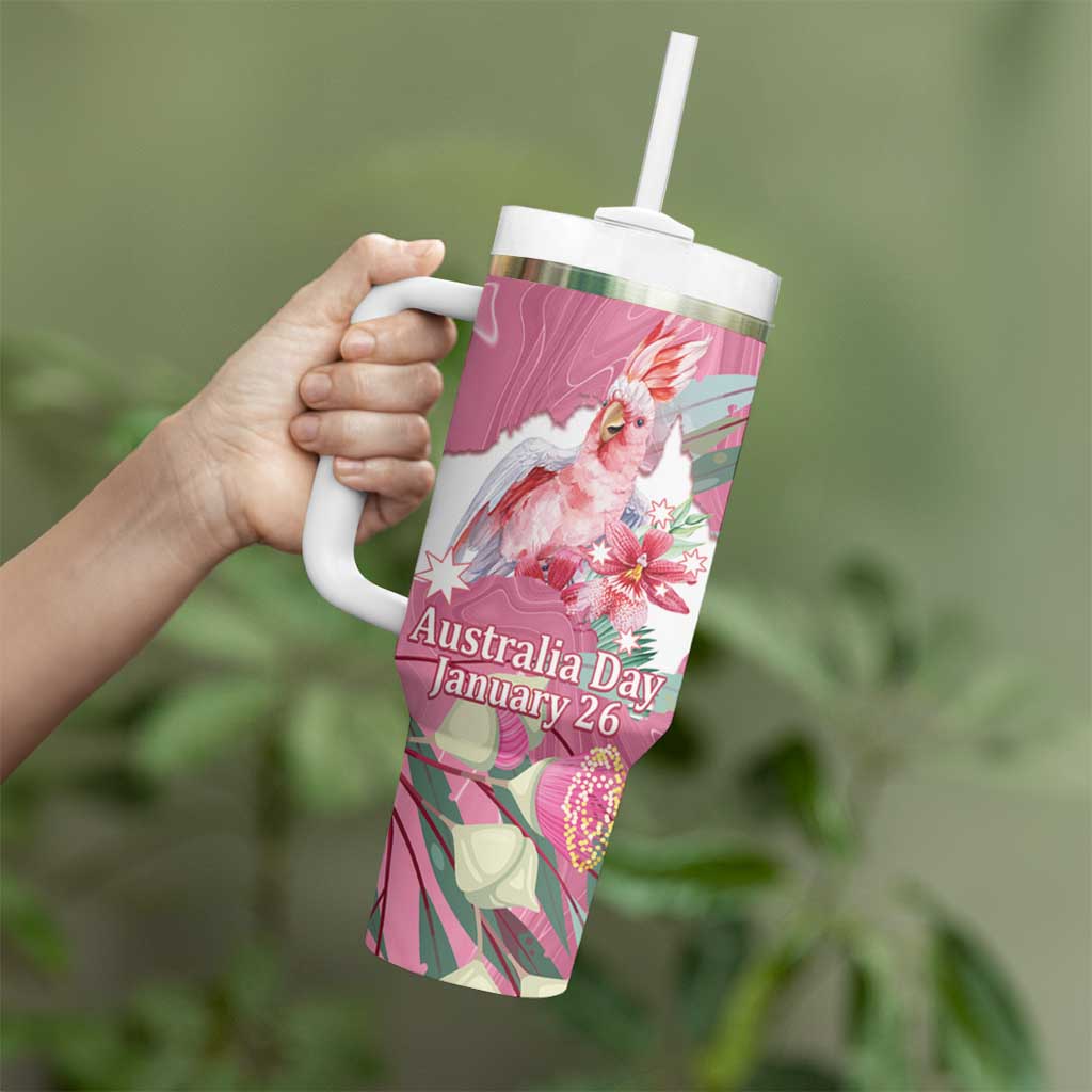 Pink Cockatoo Australia Day Tumbler With Handle Proud To Be An Aussie Opal Eucalyptus Blossoms - Aussie Hoodie