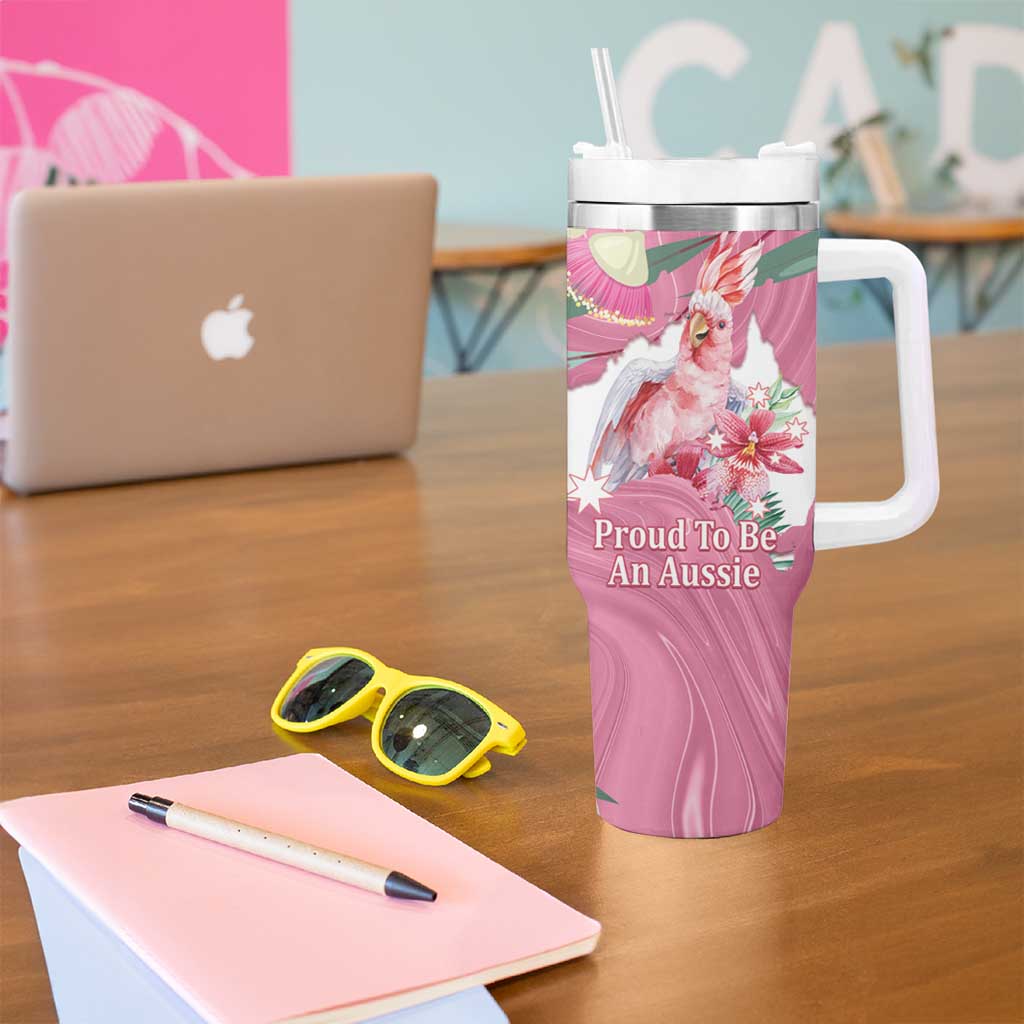 Pink Cockatoo Australia Day Tumbler With Handle Proud To Be An Aussie Opal Eucalyptus Blossoms - Aussie Hoodie