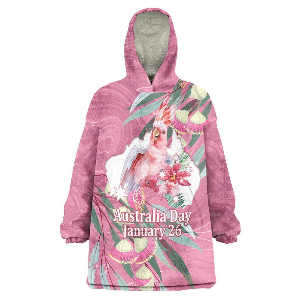 Pink Cockatoo Australia Day Wearable Blanket Hoodie Proud To Be An Aussie Opal Eucalyptus Blossoms - Aussie Hoodie