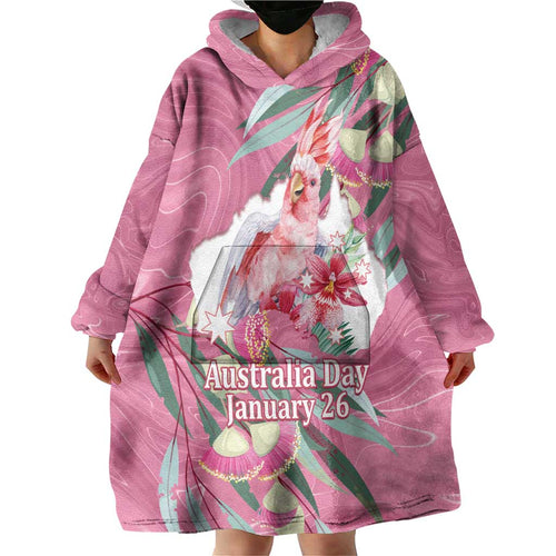 Pink Cockatoo Australia Day Wearable Blanket Hoodie Proud To Be An Aussie Opal Eucalyptus Blossoms - Aussie Hoodie