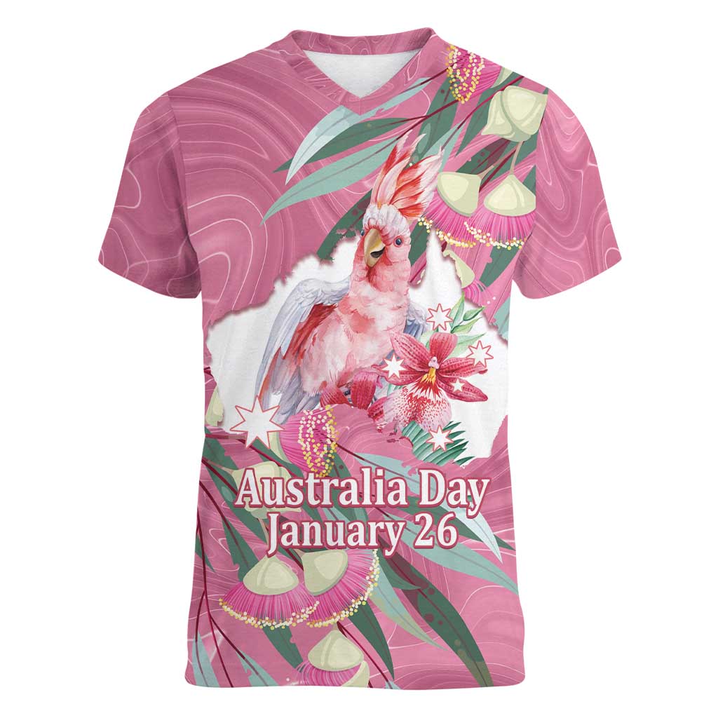 Pink Cockatoo Australia Day Women V-Neck T-Shirt Proud To Be An Aussie Opal Eucalyptus Blossoms - Aussie Hoodie