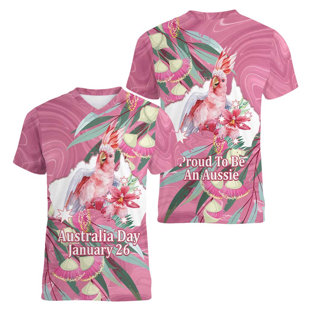 Pink Cockatoo Australia Day Women V-Neck T-Shirt Proud To Be An Aussie Opal Eucalyptus Blossoms - Aussie Hoodie