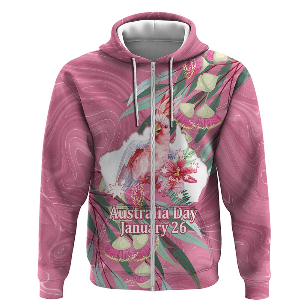Pink Cockatoo Australia Day Zip Hoodie Proud To Be An Aussie Opal Eucalyptus Blossoms - Aussie Hoodie