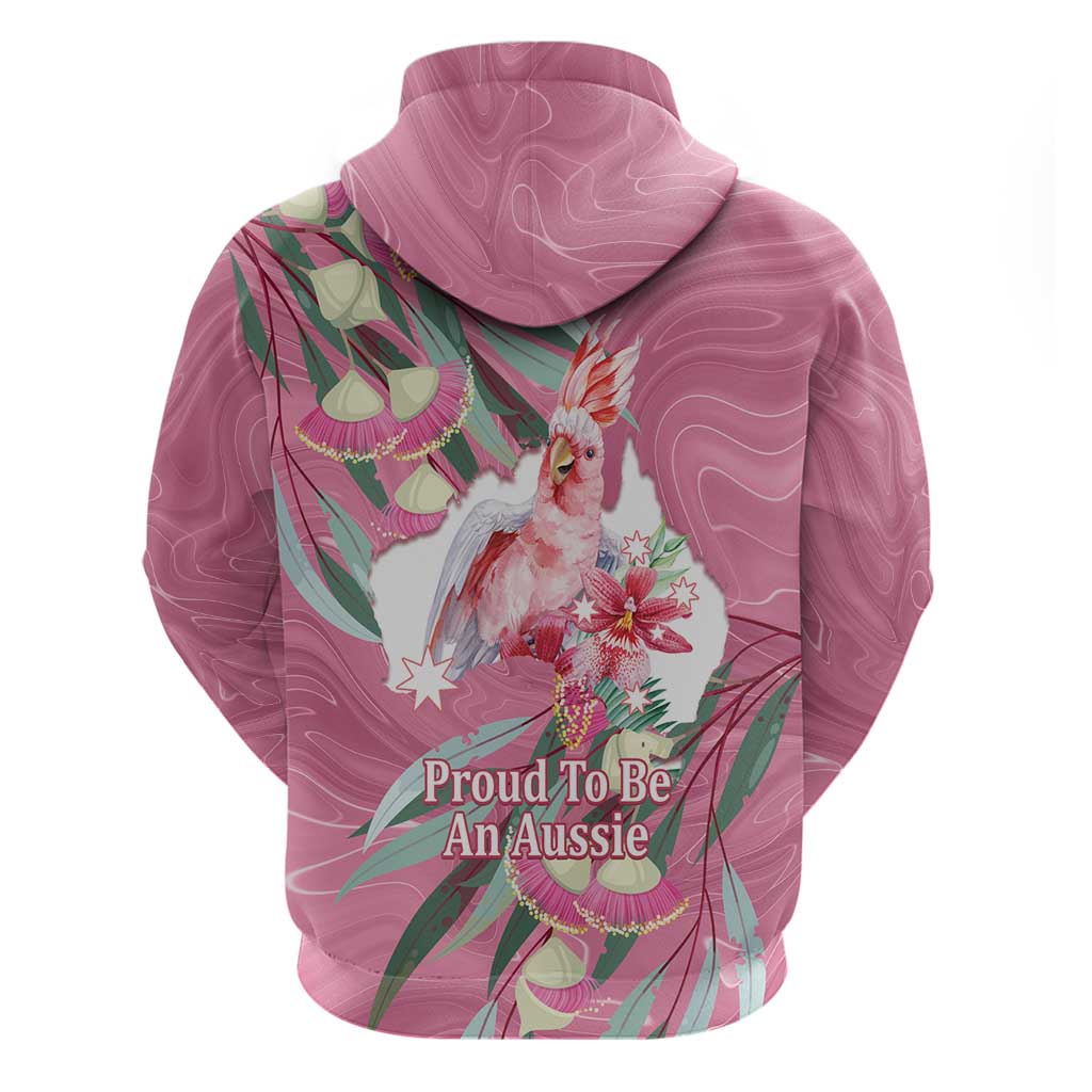 Pink Cockatoo Australia Day Zip Hoodie Proud To Be An Aussie Opal Eucalyptus Blossoms - Aussie Hoodie