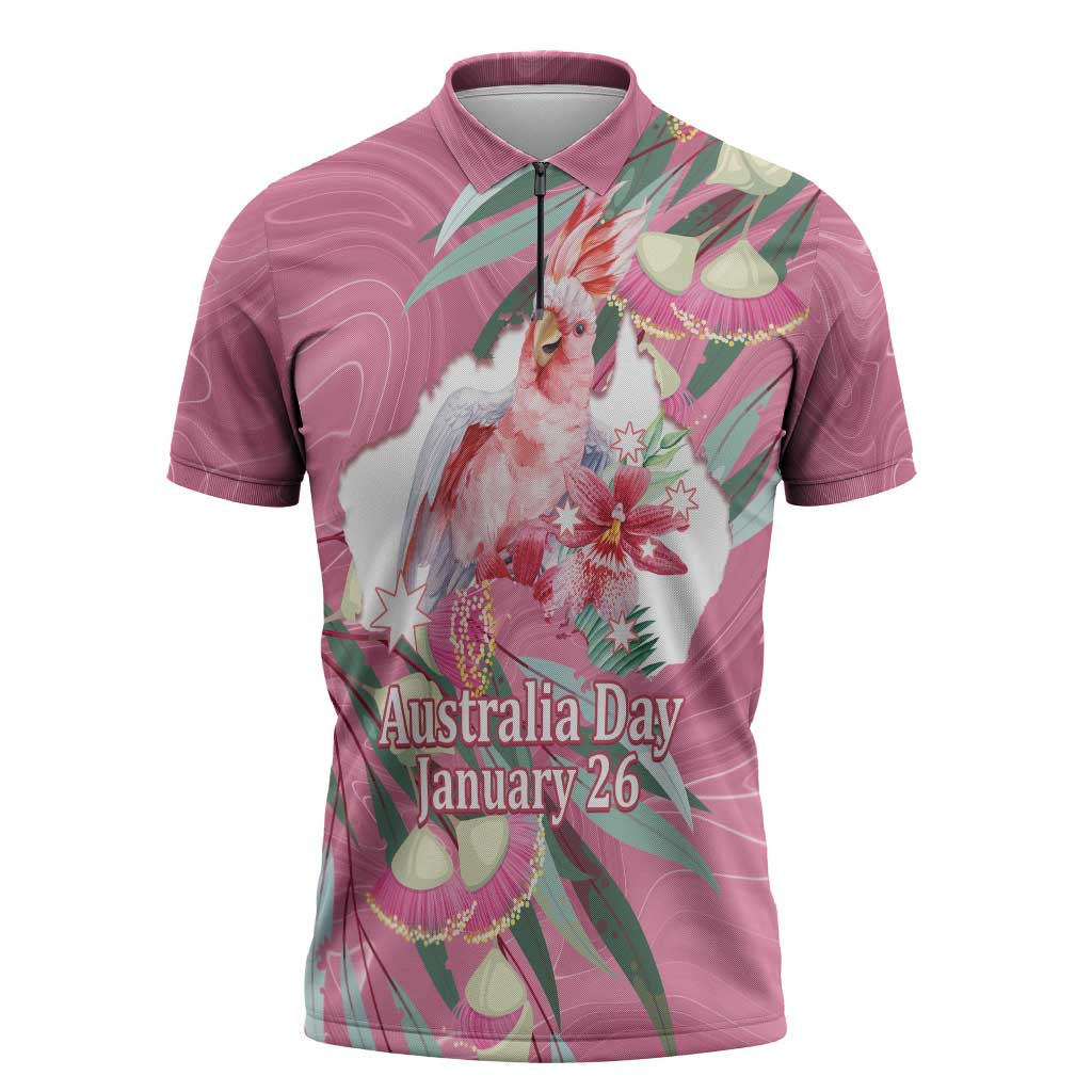 Pink Cockatoo Australia Day Zipper Polo Shirt Proud To Be An Aussie Opal Eucalyptus Blossoms - Aussie Hoodie