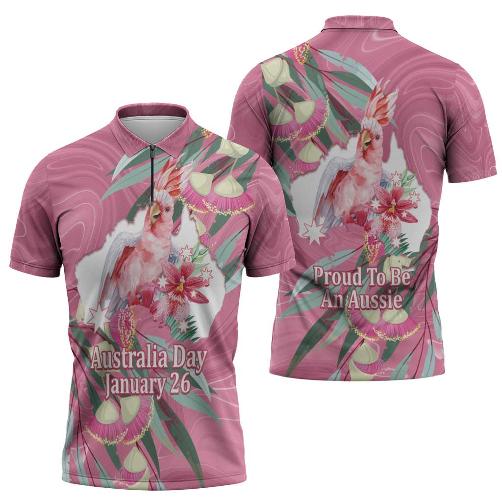 Pink Cockatoo Australia Day Zipper Polo Shirt Proud To Be An Aussie Opal Eucalyptus Blossoms - Aussie Hoodie