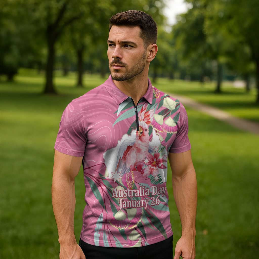 Pink Cockatoo Australia Day Zipper Polo Shirt Proud To Be An Aussie Opal Eucalyptus Blossoms - Aussie Hoodie