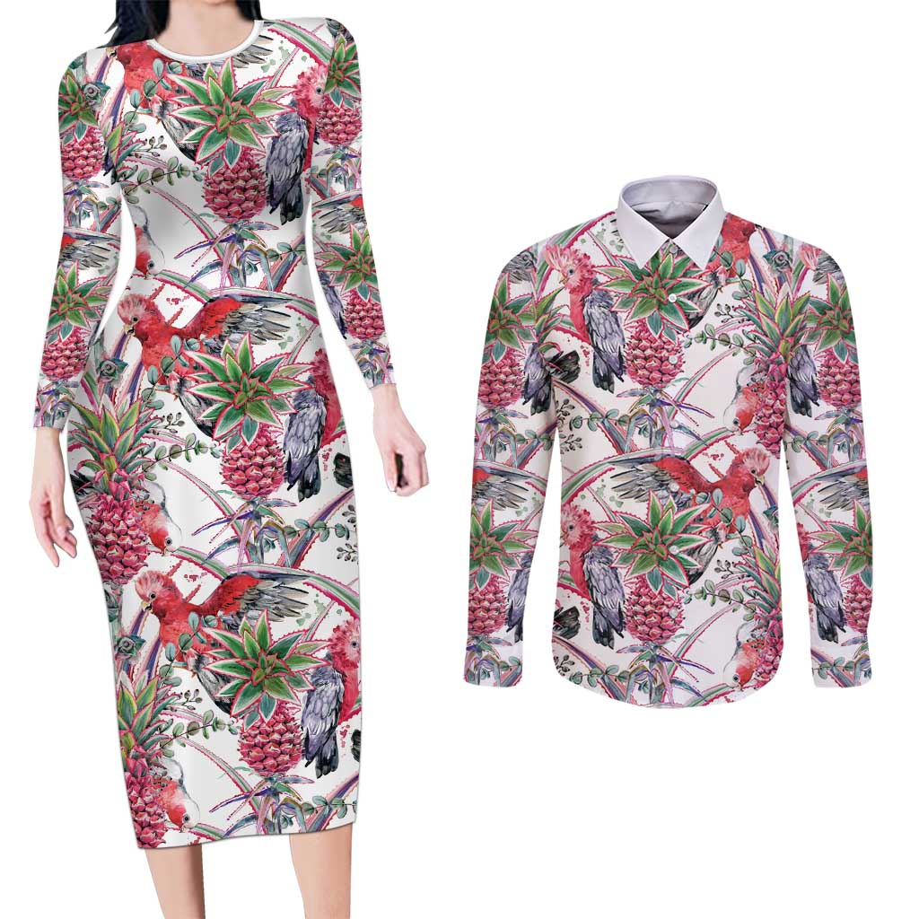 Australia Pink Galah Couples Matching Long Sleeve Bodycon Dress and Long Sleeve Button Shirt Rose-breasted Cockatoo Pineapple Seamless Vibes - Aussie Hoodie