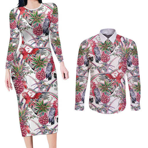 Australia Pink Galah Couples Matching Long Sleeve Bodycon Dress and Long Sleeve Button Shirt Rose-breasted Cockatoo Pineapple Seamless Vibes - Aussie Hoodie