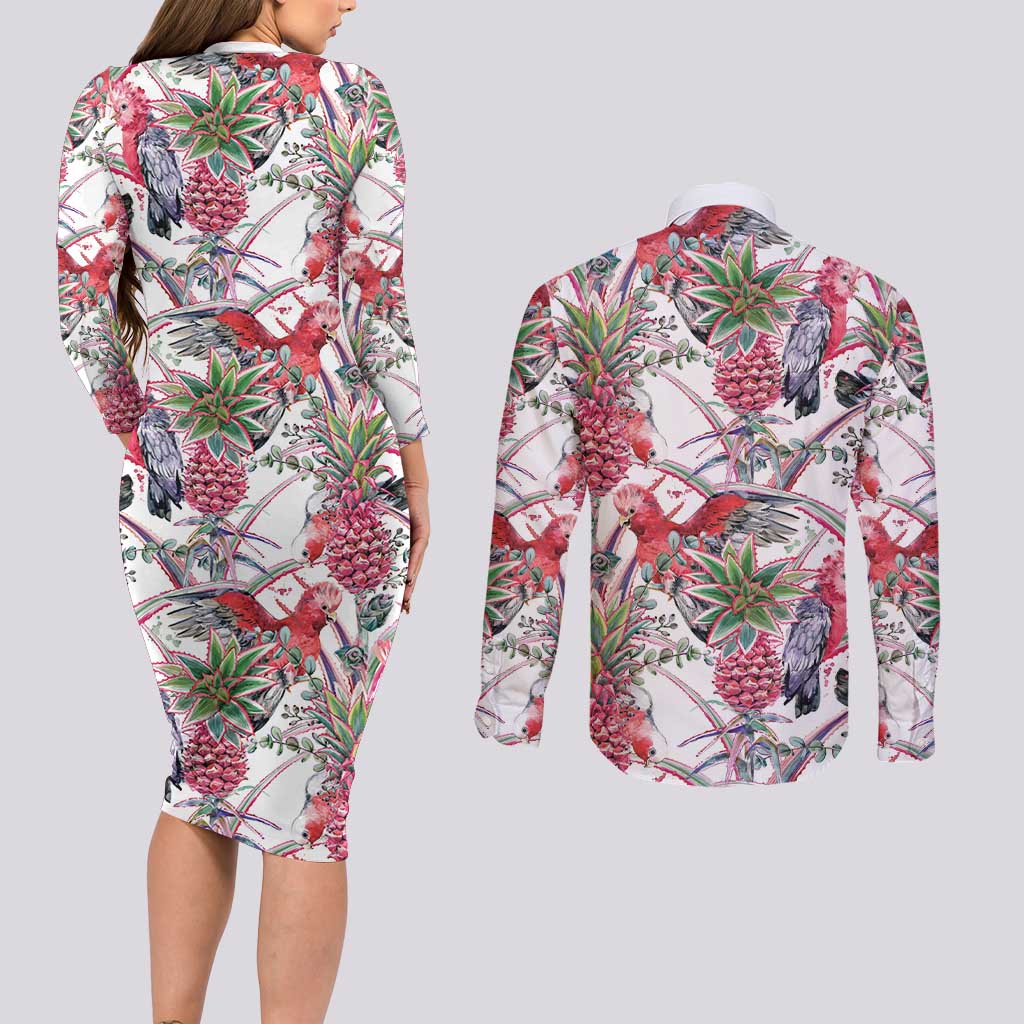 Australia Pink Galah Couples Matching Long Sleeve Bodycon Dress and Long Sleeve Button Shirt Rose-breasted Cockatoo Pineapple Seamless Vibes - Aussie Hoodie