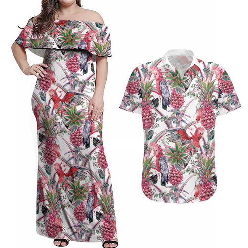 Australia Pink Galah Couples Matching Off Shoulder Maxi Dress and Hawaiian Shirt Rose-breasted Cockatoo Pineapple Seamless Vibes - Aussie Hoodie