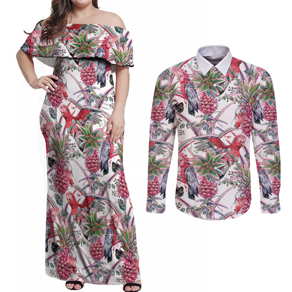 Australia Pink Galah Couples Matching Off Shoulder Maxi Dress and Long Sleeve Button Shirt Rose-breasted Cockatoo Pineapple Seamless Vibes - Aussie Hoodie