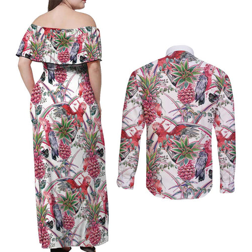 Australia Pink Galah Couples Matching Off Shoulder Maxi Dress and Long Sleeve Button Shirt Rose-breasted Cockatoo Pineapple Seamless Vibes - Aussie Hoodie