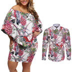 Australia Pink Galah Couples Matching Off Shoulder Short Dress and Long Sleeve Button Shirt Rose-breasted Cockatoo Pineapple Seamless Vibes - Aussie Hoodie