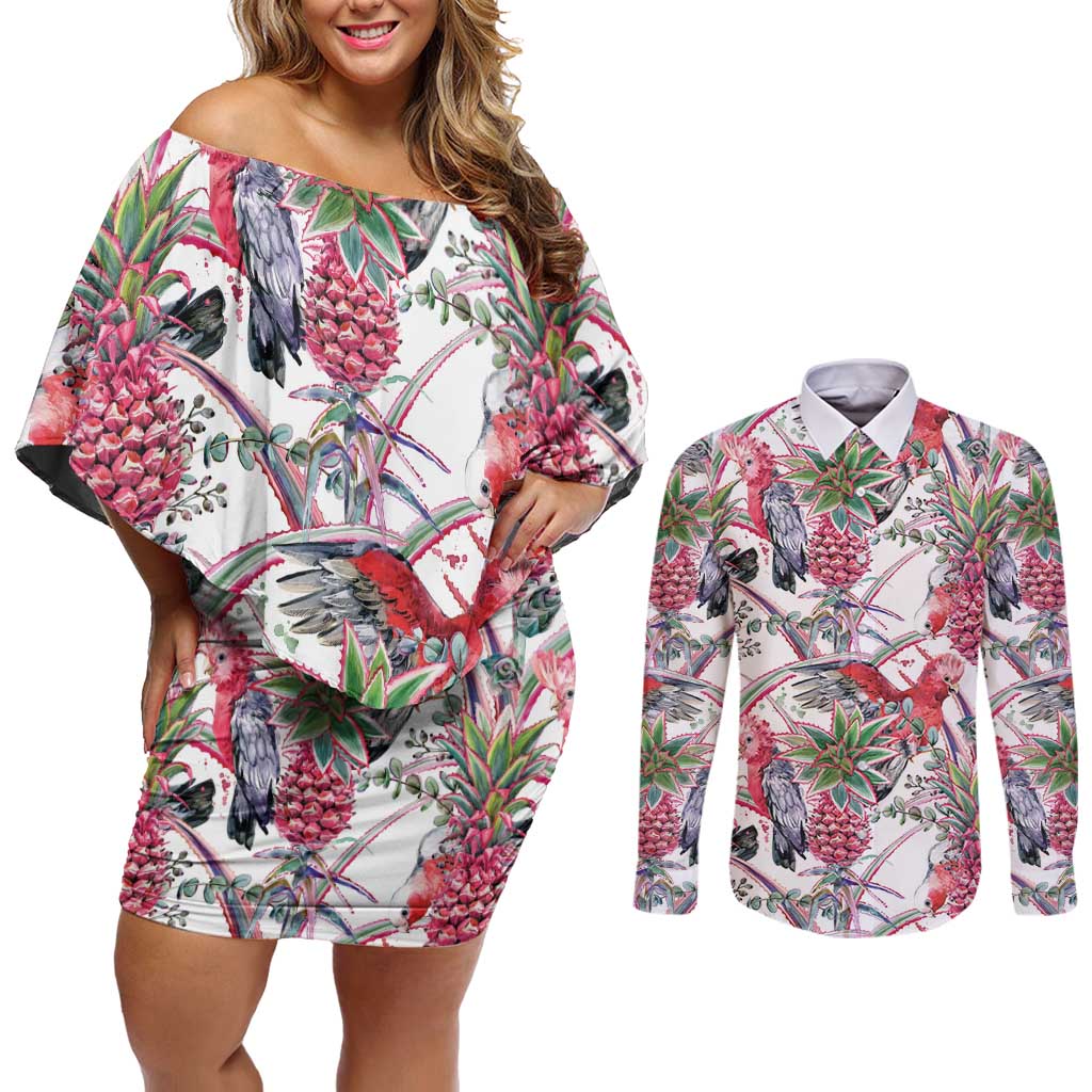 Australia Pink Galah Couples Matching Off Shoulder Short Dress and Long Sleeve Button Shirt Rose-breasted Cockatoo Pineapple Seamless Vibes - Aussie Hoodie