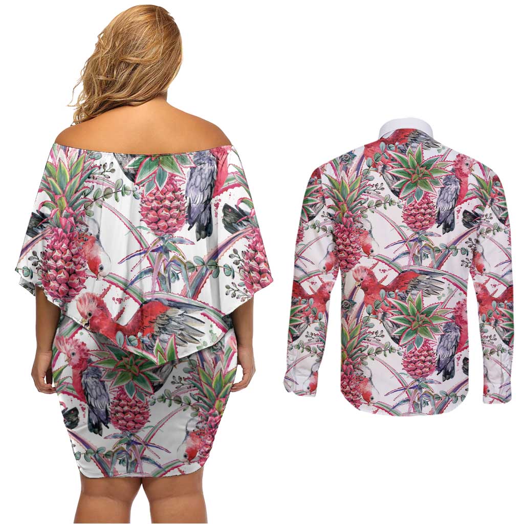 Australia Pink Galah Couples Matching Off Shoulder Short Dress and Long Sleeve Button Shirt Rose-breasted Cockatoo Pineapple Seamless Vibes - Aussie Hoodie
