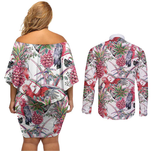 Australia Pink Galah Couples Matching Off Shoulder Short Dress and Long Sleeve Button Shirt Rose-breasted Cockatoo Pineapple Seamless Vibes - Aussie Hoodie