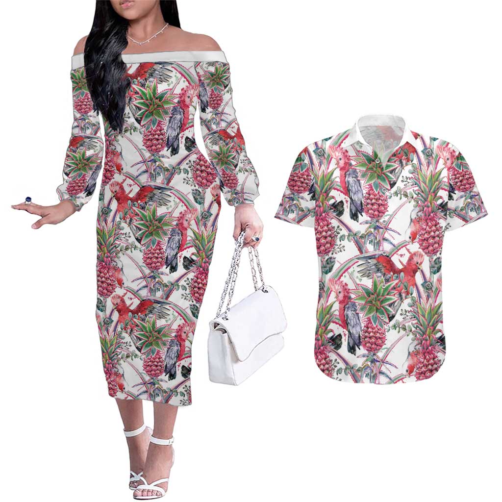 Australia Pink Galah Couples Matching Off The Shoulder Long Sleeve Dress and Hawaiian Shirt Rose-breasted Cockatoo Pineapple Seamless Vibes - Aussie Hoodie