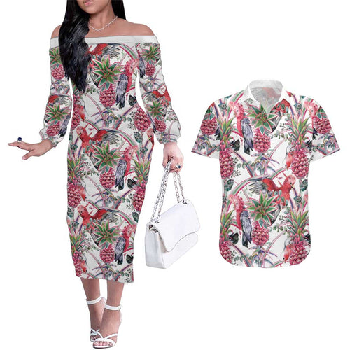 Australia Pink Galah Couples Matching Off The Shoulder Long Sleeve Dress and Hawaiian Shirt Rose-breasted Cockatoo Pineapple Seamless Vibes - Aussie Hoodie