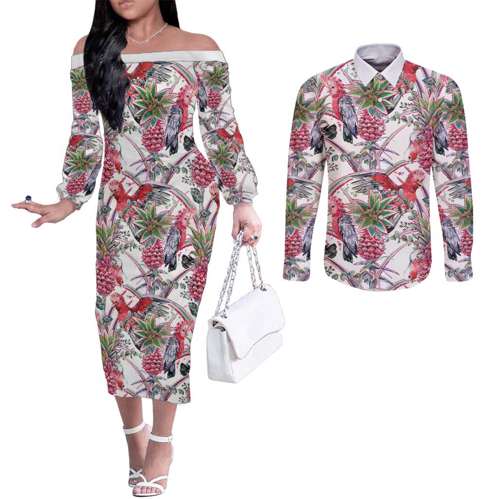 Australia Pink Galah Couples Matching Off The Shoulder Long Sleeve Dress and Long Sleeve Button Shirt Rose-breasted Cockatoo Pineapple Seamless Vibes - Aussie Hoodie