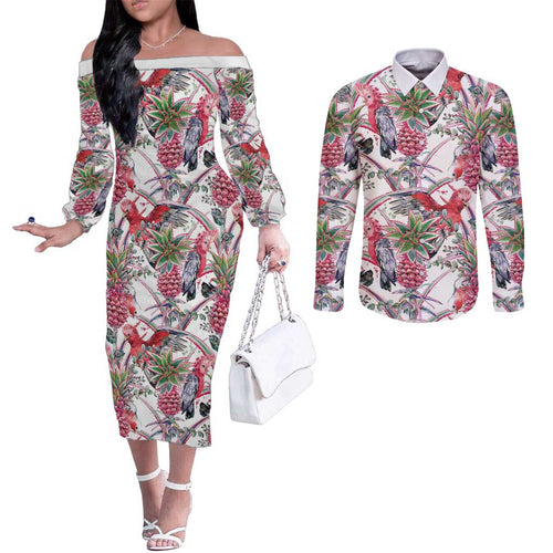 Australia Pink Galah Couples Matching Off The Shoulder Long Sleeve Dress and Long Sleeve Button Shirt Rose-breasted Cockatoo Pineapple Seamless Vibes - Aussie Hoodie