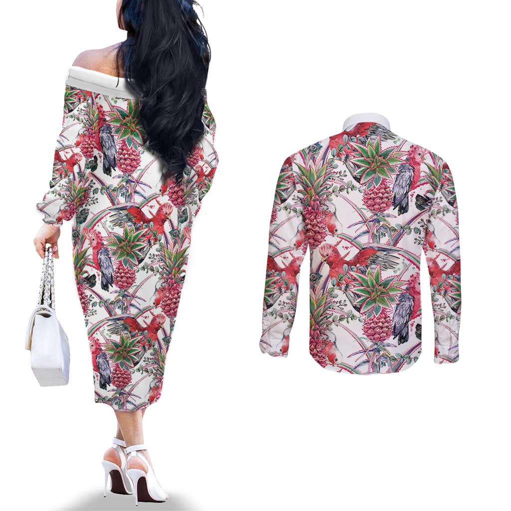 Australia Pink Galah Couples Matching Off The Shoulder Long Sleeve Dress and Long Sleeve Button Shirt Rose-breasted Cockatoo Pineapple Seamless Vibes - Aussie Hoodie