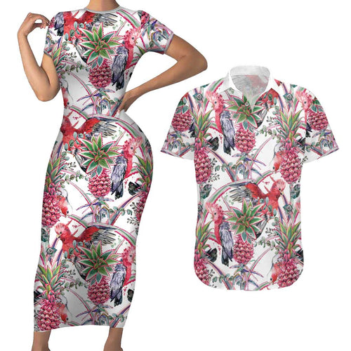 Australia Pink Galah Couples Matching Short Sleeve Bodycon Dress and Hawaiian Shirt Rose-breasted Cockatoo Pineapple Seamless Vibes - Aussie Hoodie