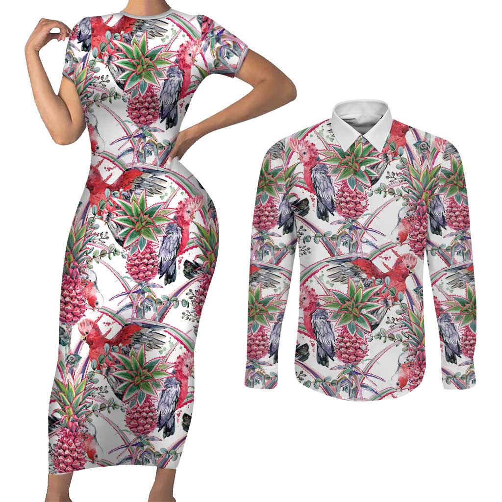 Australia Pink Galah Couples Matching Short Sleeve Bodycon Dress and Long Sleeve Button Shirt Rose-breasted Cockatoo Pineapple Seamless Vibes - Aussie Hoodie