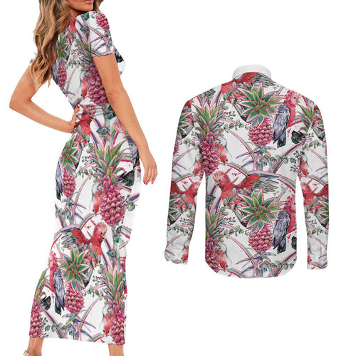 Australia Pink Galah Couples Matching Short Sleeve Bodycon Dress and Long Sleeve Button Shirt Rose-breasted Cockatoo Pineapple Seamless Vibes - Aussie Hoodie