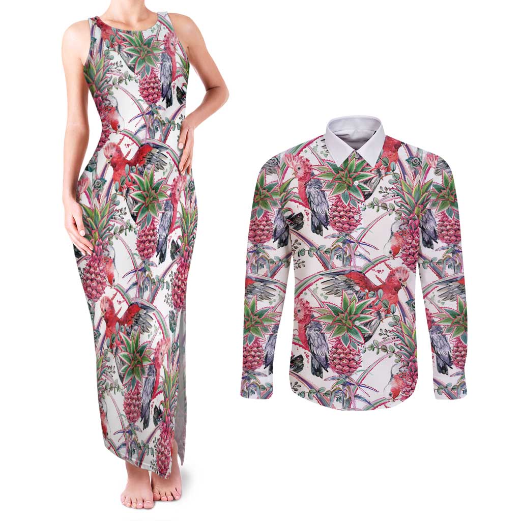 Australia Pink Galah Couples Matching Tank Maxi Dress and Long Sleeve Button Shirt Rose-breasted Cockatoo Pineapple Seamless Vibes - Aussie Hoodie