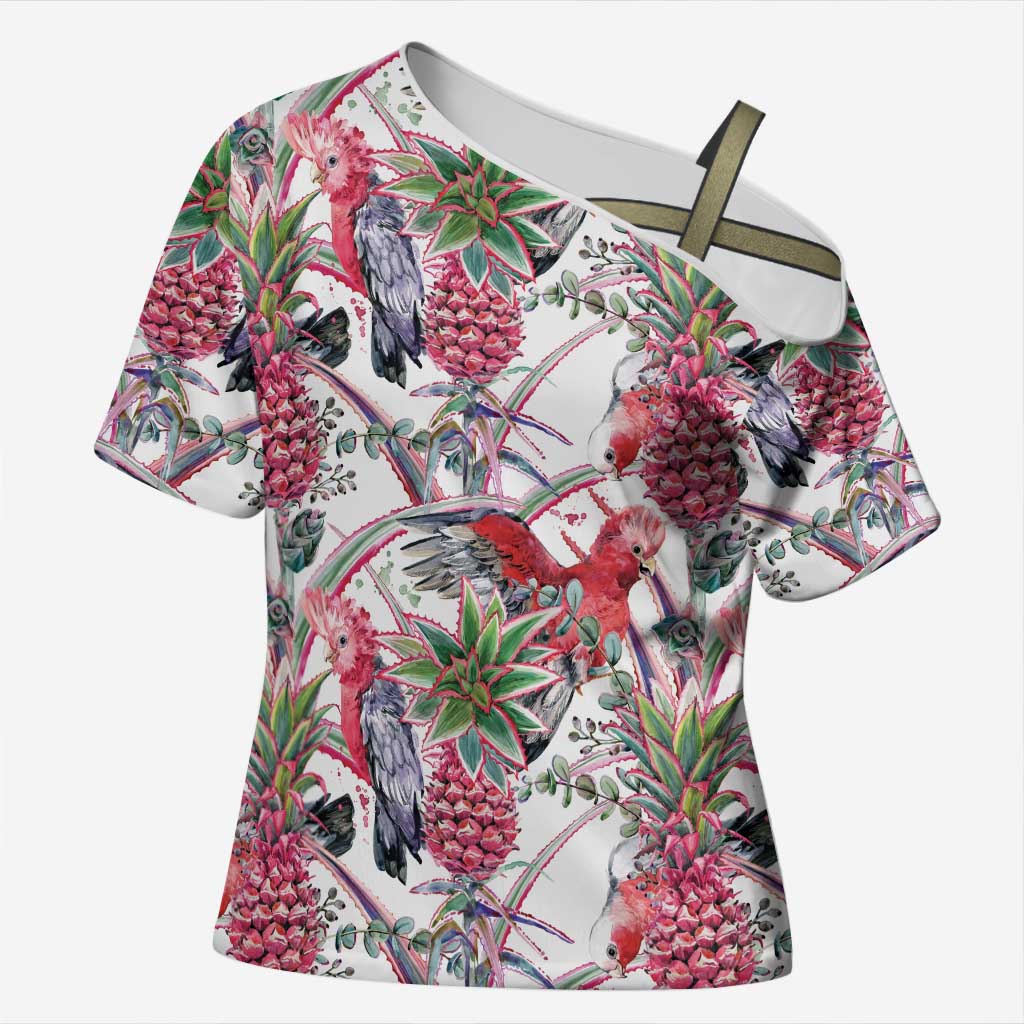 Australia Pink Galah Cross Shoulder Shirt Rose-breasted Cockatoo Pineapple Seamless Vibes - Aussie Hoodie