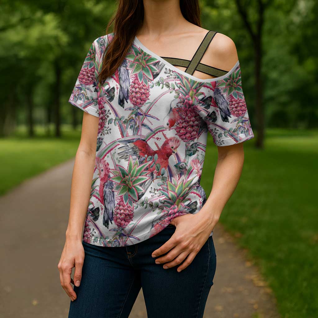 Australia Pink Galah Cross Shoulder Shirt Rose-breasted Cockatoo Pineapple Seamless Vibes - Aussie Hoodie