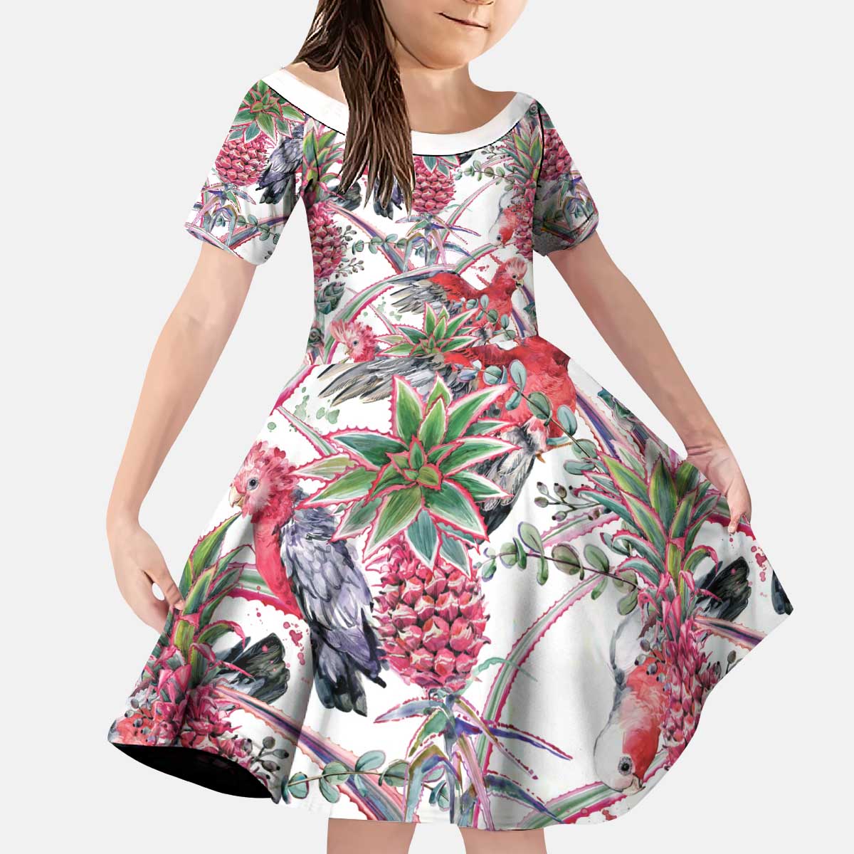 Australia Pink Galah Kid Short Sleeve Dress Rose-breasted Cockatoo Pineapple Seamless Vibes - Aussie Hoodie