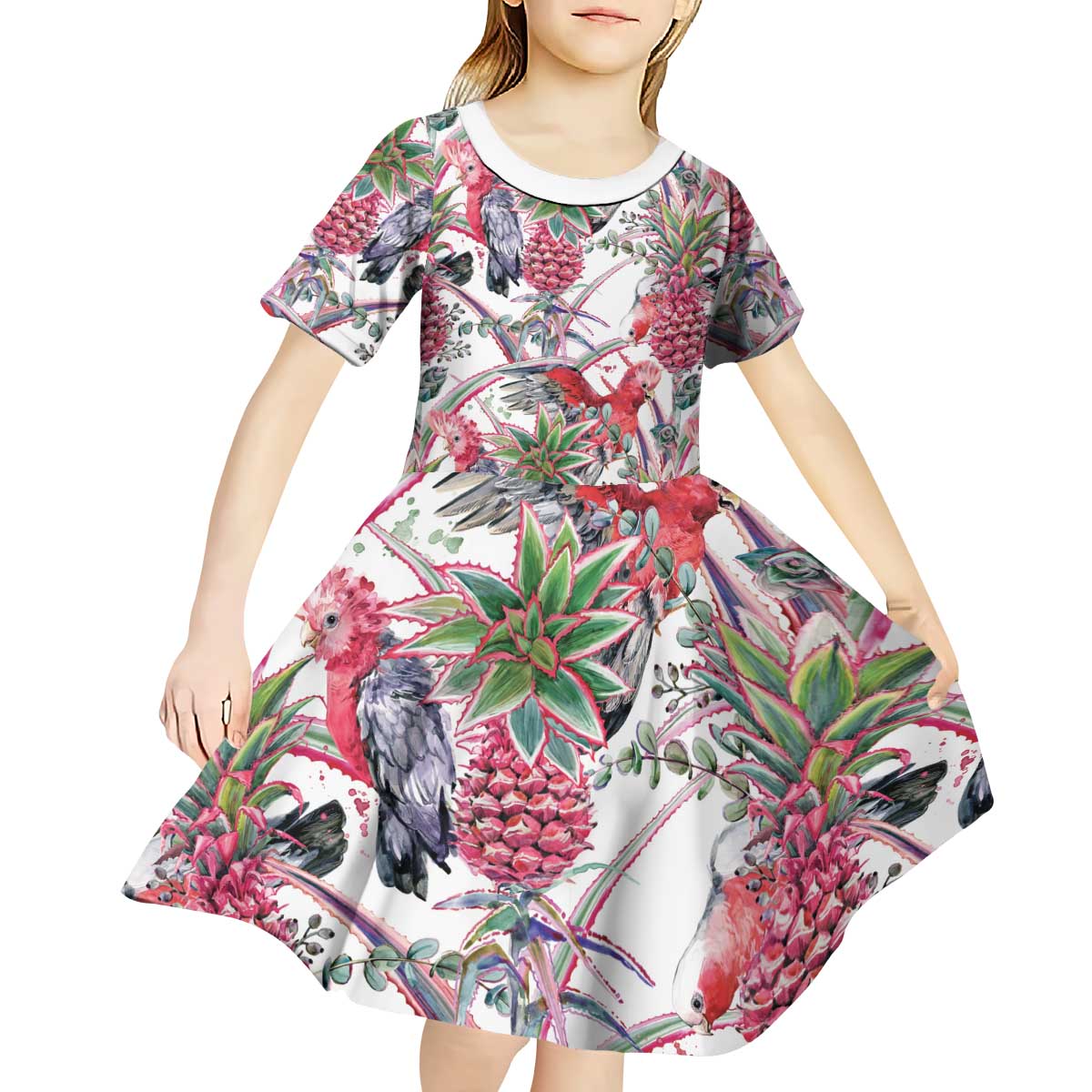 Australia Pink Galah Kid Short Sleeve Dress Rose-breasted Cockatoo Pineapple Seamless Vibes - Aussie Hoodie