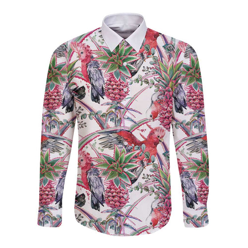 Australia Pink Galah Long Sleeve Button Shirt Rose-breasted Cockatoo Pineapple Seamless Vibes - Aussie Hoodie