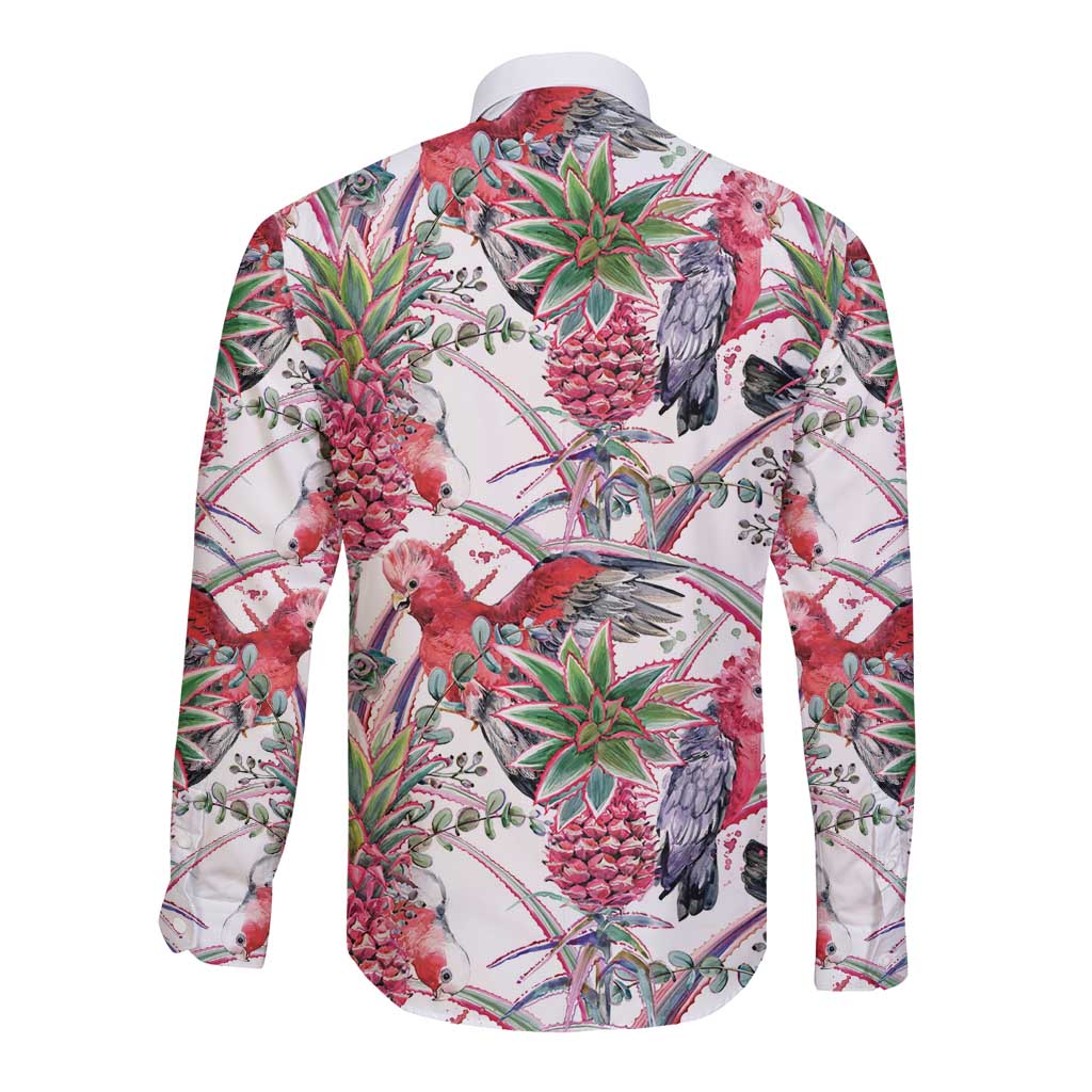 Australia Pink Galah Long Sleeve Button Shirt Rose-breasted Cockatoo Pineapple Seamless Vibes - Aussie Hoodie