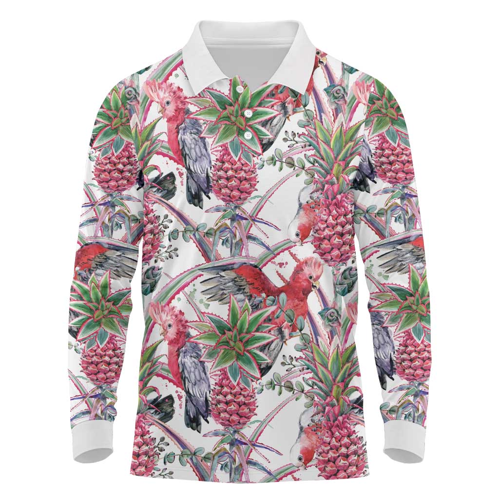 Australia Pink Galah Long Sleeve Polo Shirt Rose-breasted Cockatoo Pineapple Seamless Vibes - Aussie Hoodie