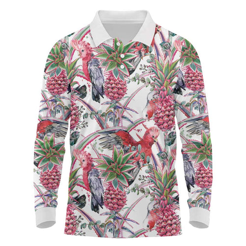 Australia Pink Galah Long Sleeve Polo Shirt Rose-breasted Cockatoo Pineapple Seamless Vibes - Aussie Hoodie
