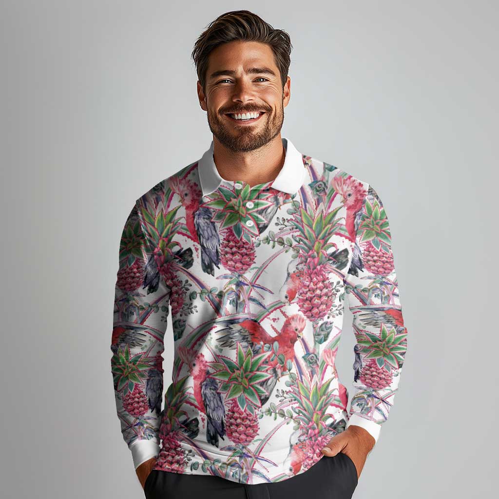 Australia Pink Galah Long Sleeve Polo Shirt Rose-breasted Cockatoo Pineapple Seamless Vibes - Aussie Hoodie
