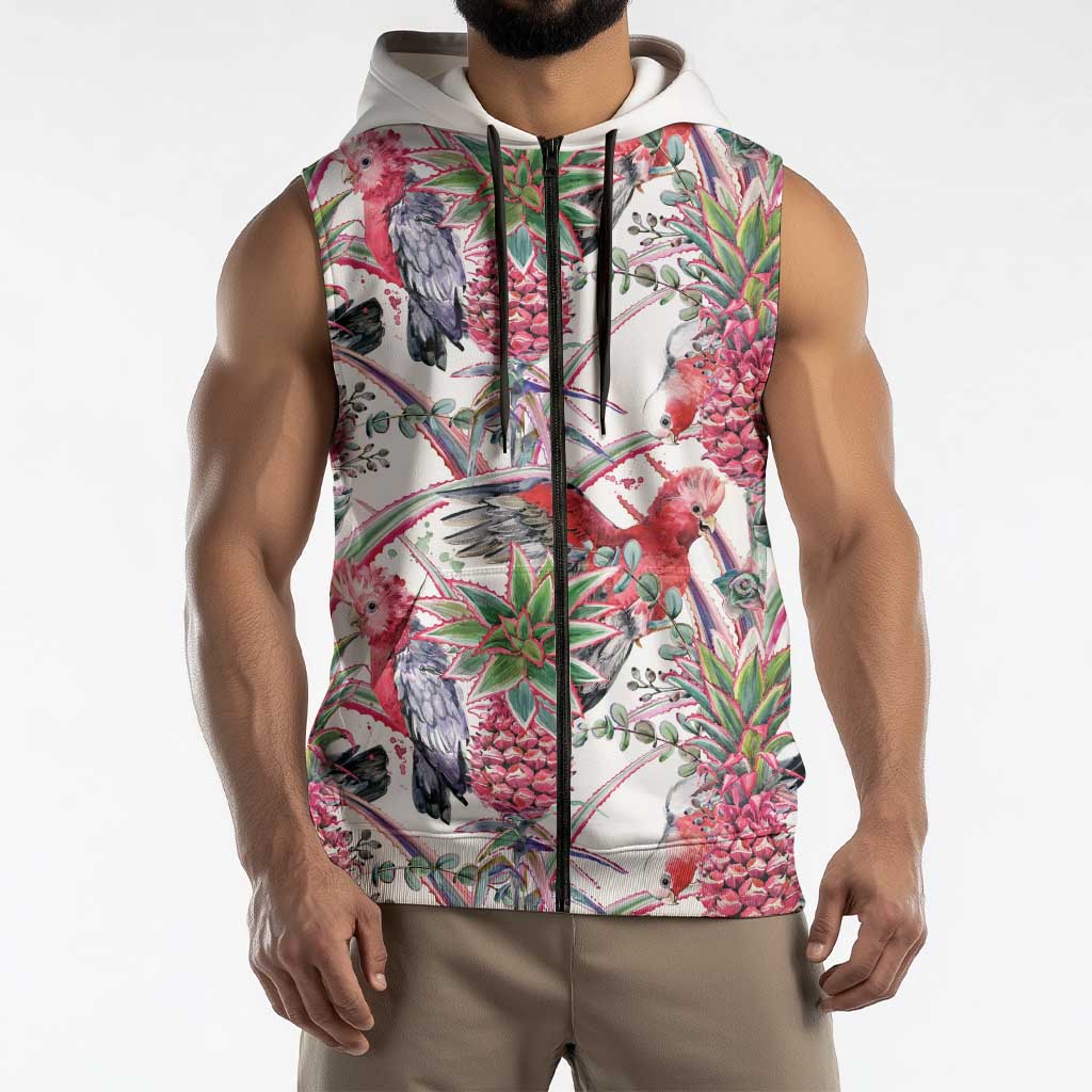 Australia Pink Galah Sleeveless Zip Hoodie Rose-breasted Cockatoo Pineapple Seamless Vibes - Aussie Hoodie