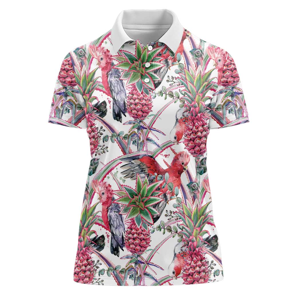 Australia Pink Galah Women Polo Shirt Rose-breasted Cockatoo Pineapple Seamless Vibes - Aussie Hoodie