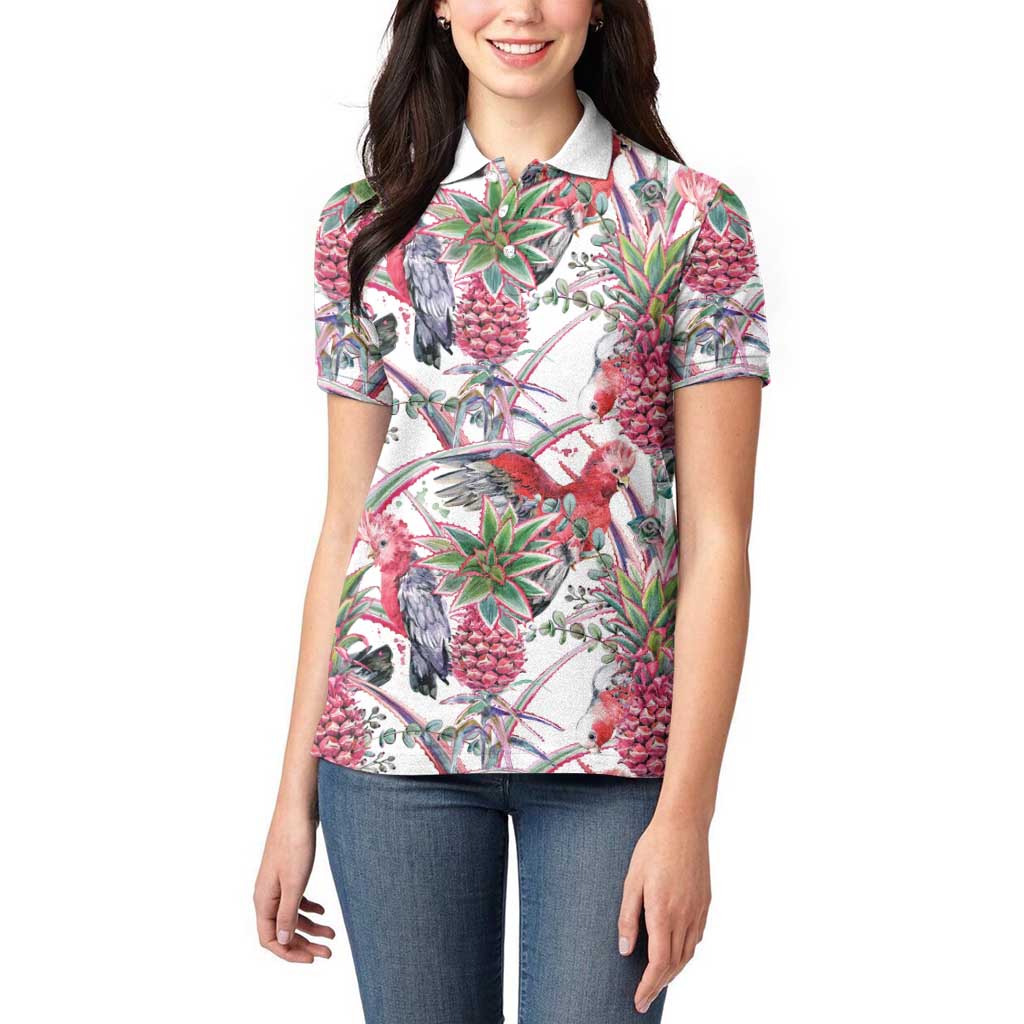Australia Pink Galah Women Polo Shirt Rose-breasted Cockatoo Pineapple Seamless Vibes - Aussie Hoodie