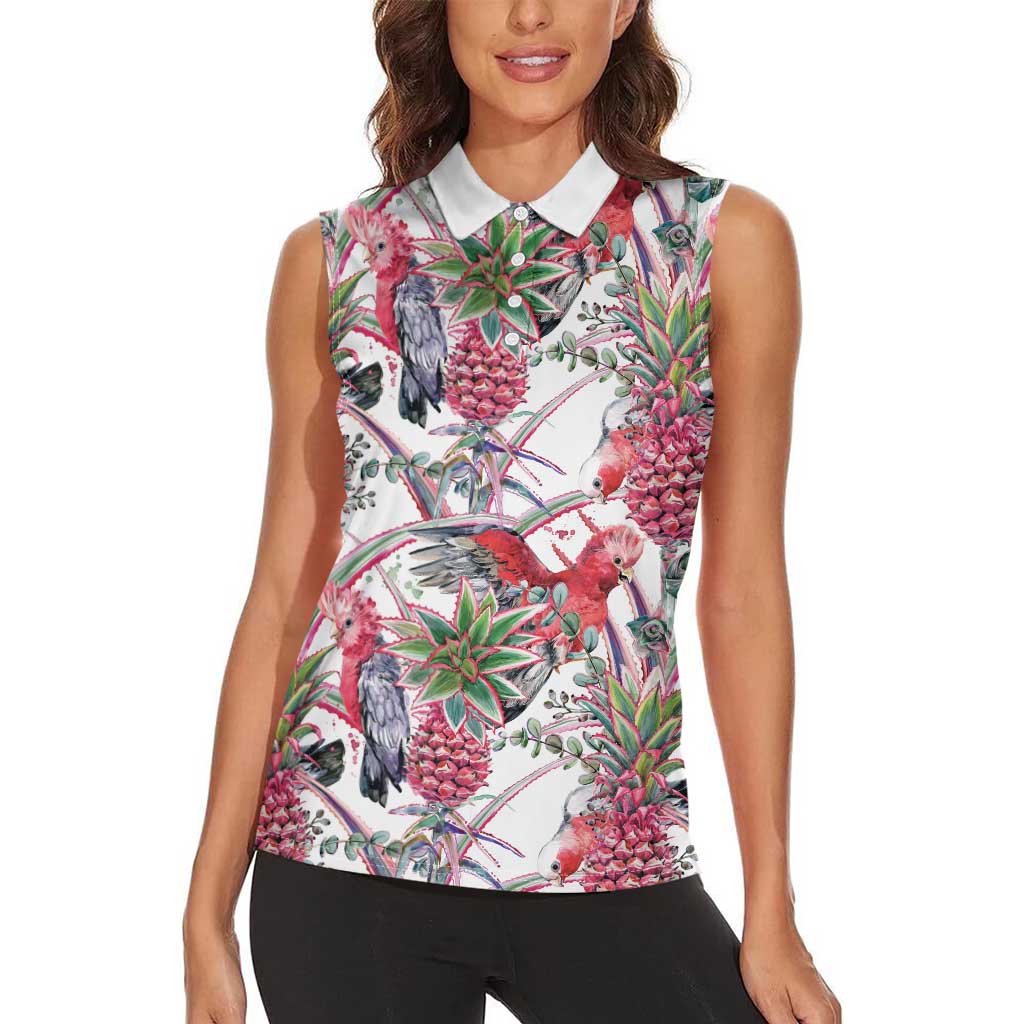 Australia Pink Galah Women Sleeveless Polo Shirt Rose-breasted Cockatoo Pineapple Seamless Vibes - Aussie Hoodie