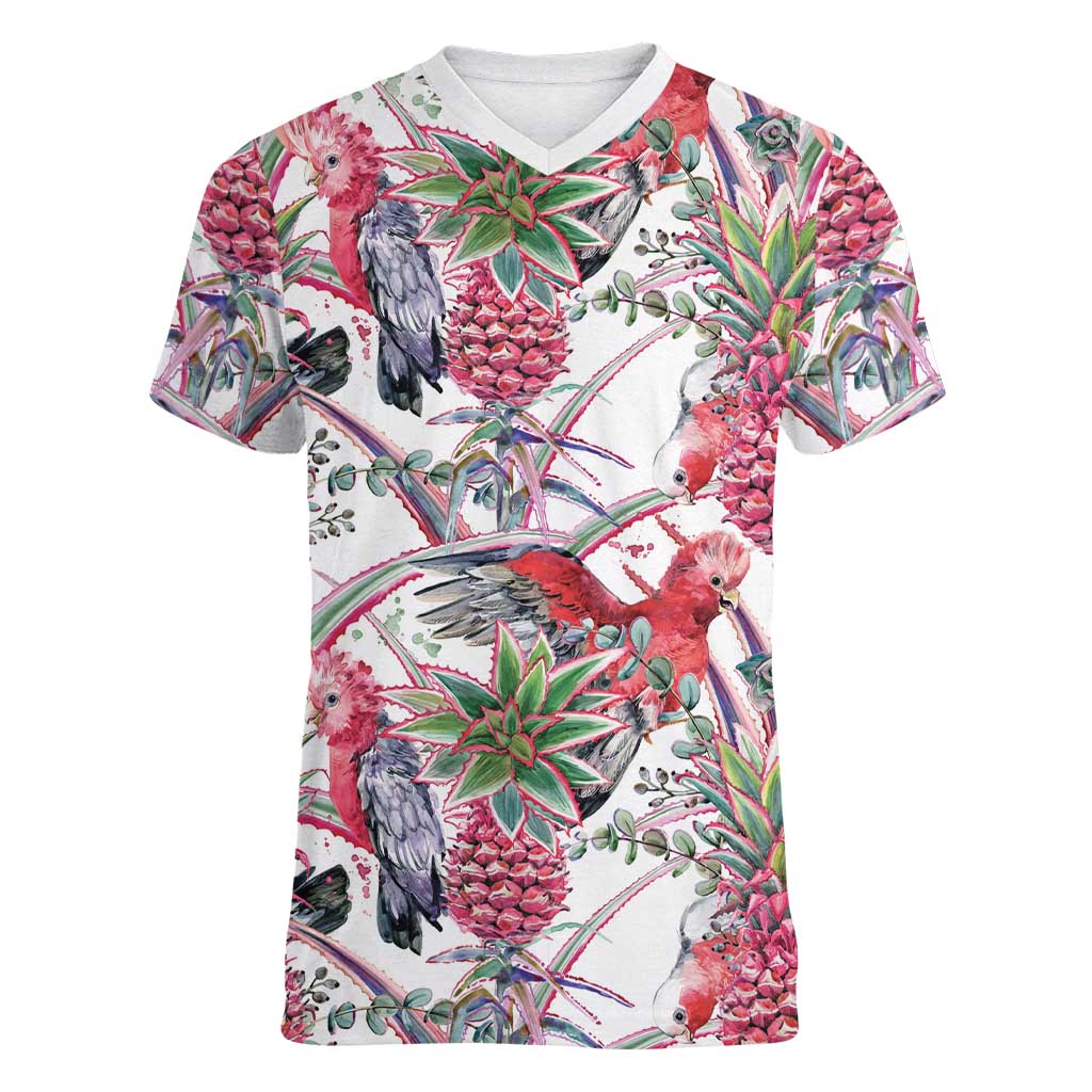Australia Pink Galah Women V-Neck T-Shirt Rose-breasted Cockatoo Pineapple Seamless Vibes - Aussie Hoodie