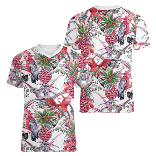 Australia Pink Galah Women V-Neck T-Shirt Rose-breasted Cockatoo Pineapple Seamless Vibes - Aussie Hoodie