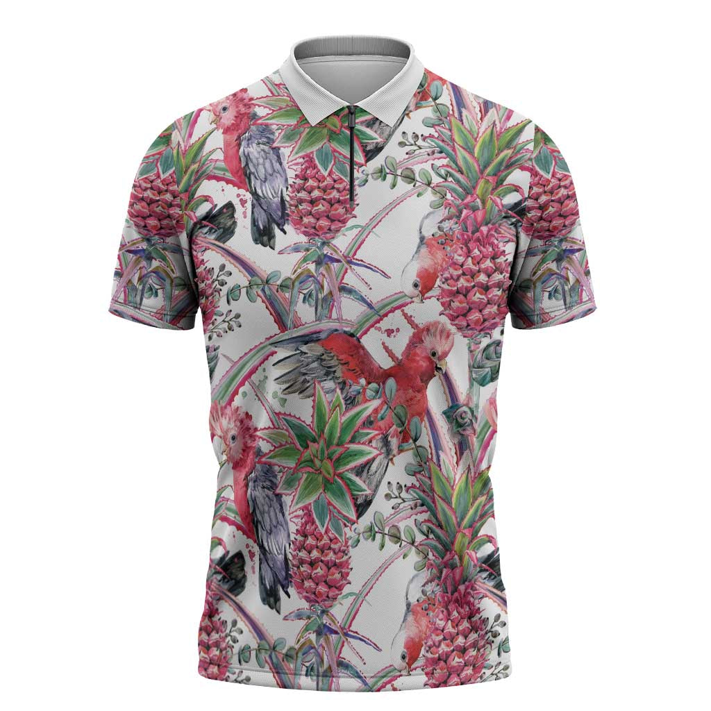 Australia Pink Galah Zipper Polo Shirt Rose-breasted Cockatoo Pineapple Seamless Vibes - Aussie Hoodie